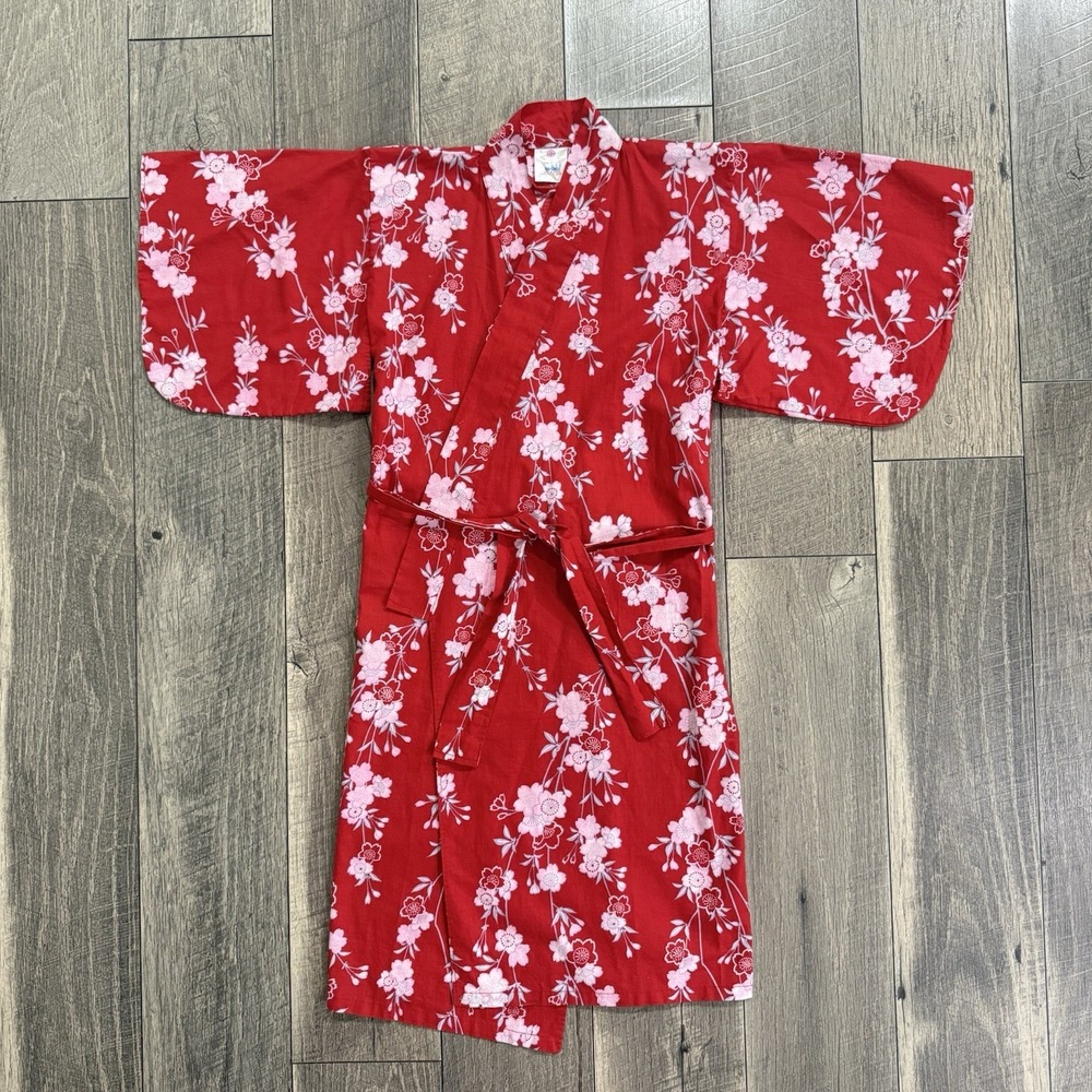 VTG Japanese Yukata Kimono Robe Cotton Red Floral Japan Youth 35 US Kids 10-12